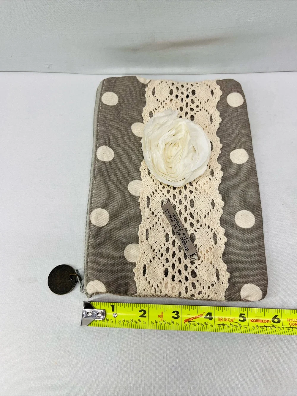 Polka Dot Lace Cosmetic Pouch with Cream Flower Accent‎